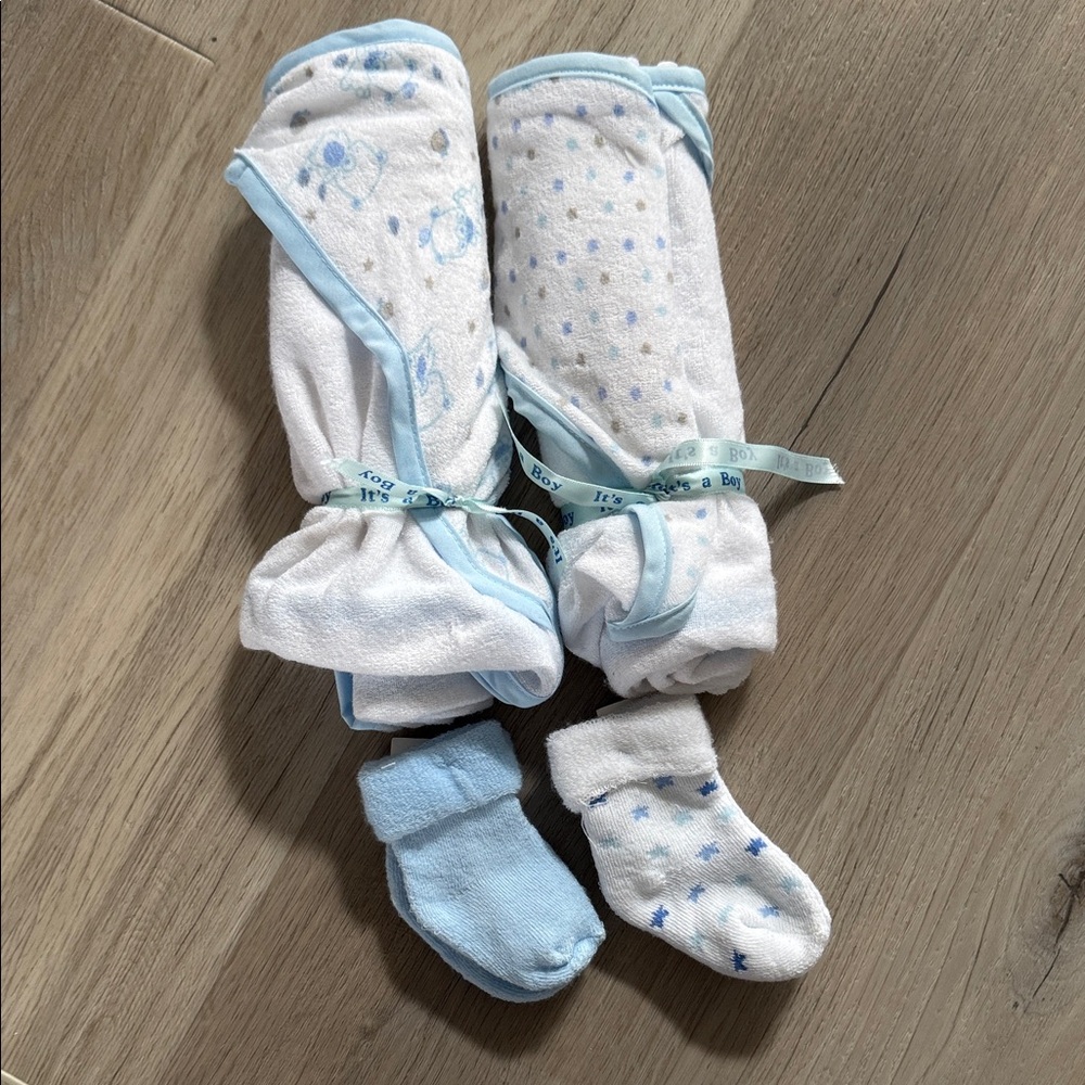 Baby Blue Hooded Towels & Socks Set